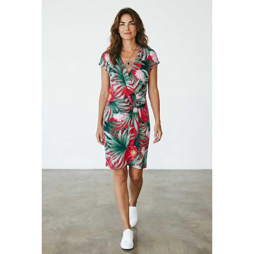 Tommy Bahama Tropical Wrap Dress Size L Red Green Floral Stretch Resort V Neck